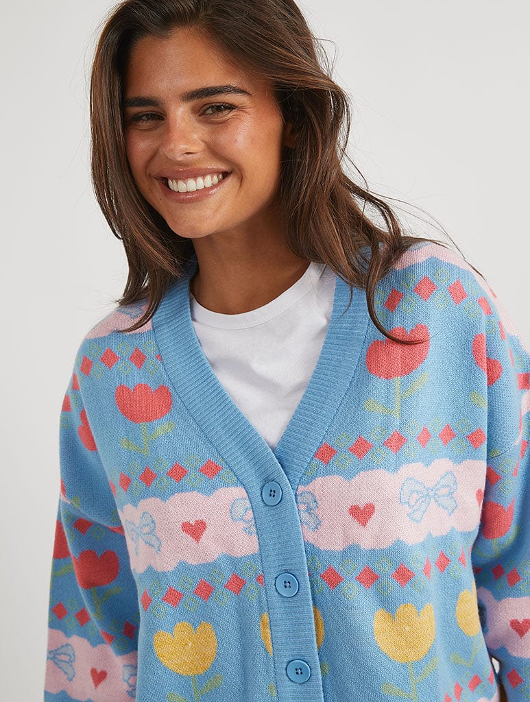 Bow and Tulip Blue Knitted Cardigan - Image 1