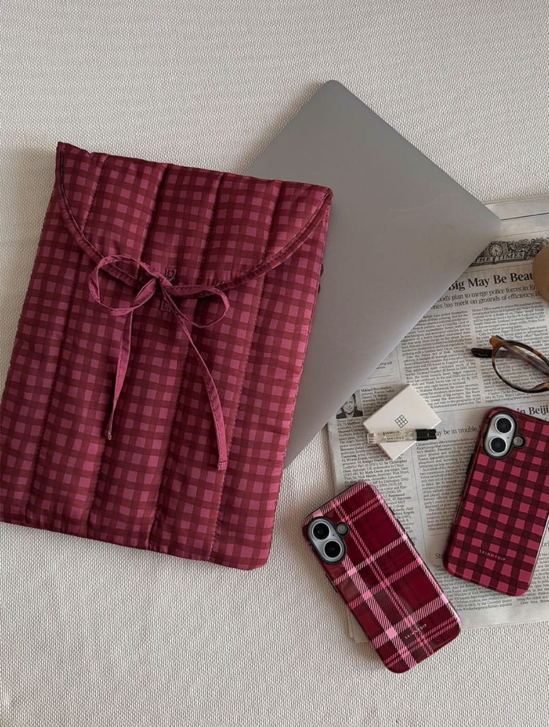 Burgundy Gingham Quilted Bow Laptop Sleeve