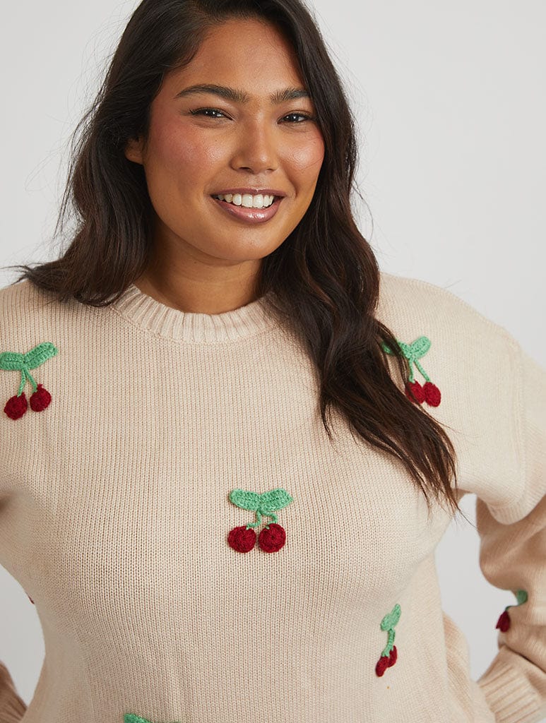 Applique Crochet Cherry Knitted Jumper in Cream
