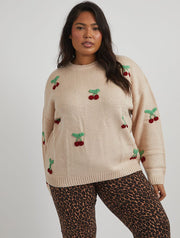 Applique Crochet Cherry Knitted Jumper in Cream