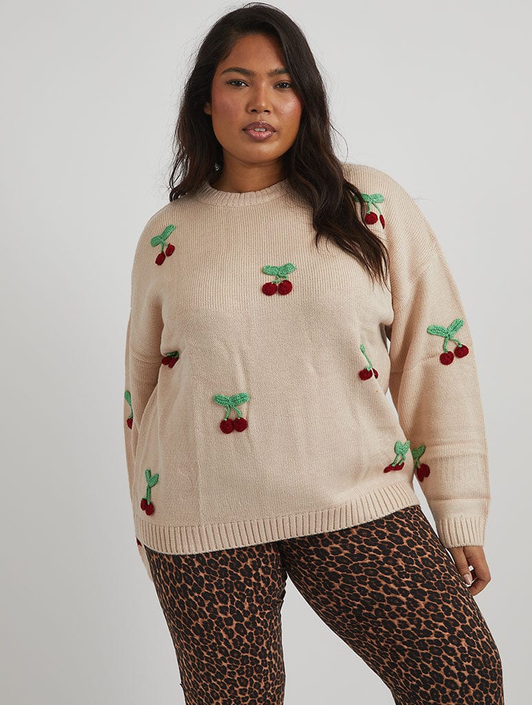 Applique Crochet Cherry Knitted Jumper in Cream - Image 1