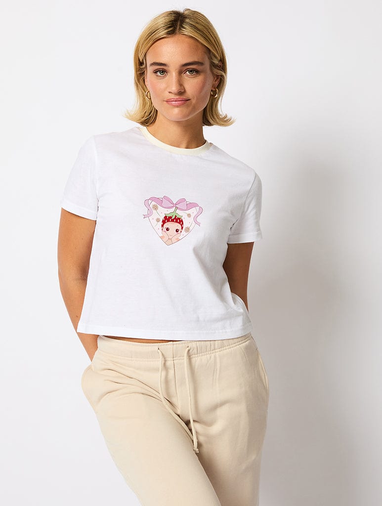 Baby Angel Strawberry Bow Baby T-Shirt in White - Image 1