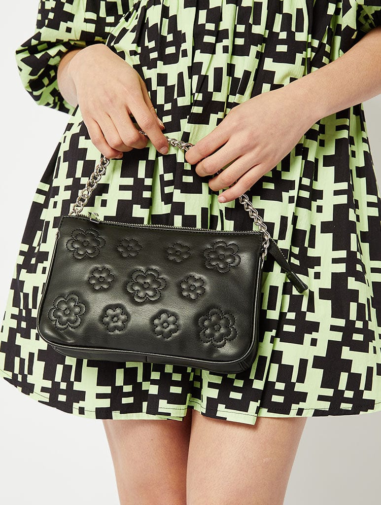 Black Double Pouchette Flower Quilt Cross Body Bag - Image 1