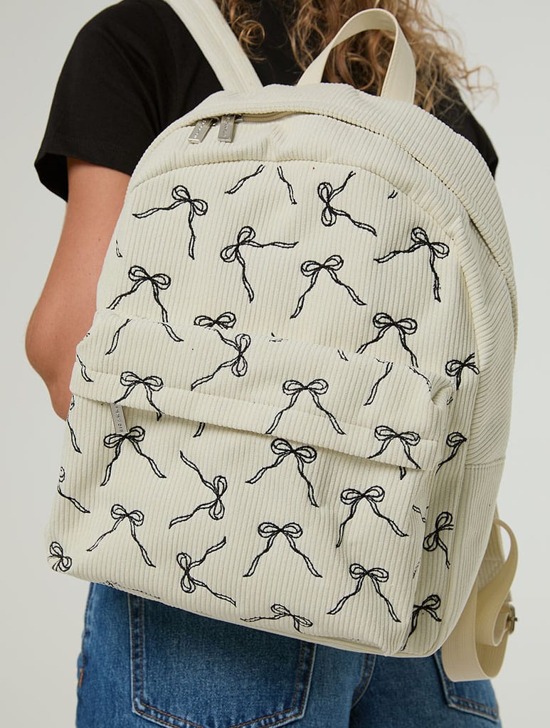 Bow Cream Cord Backpack - Image 1