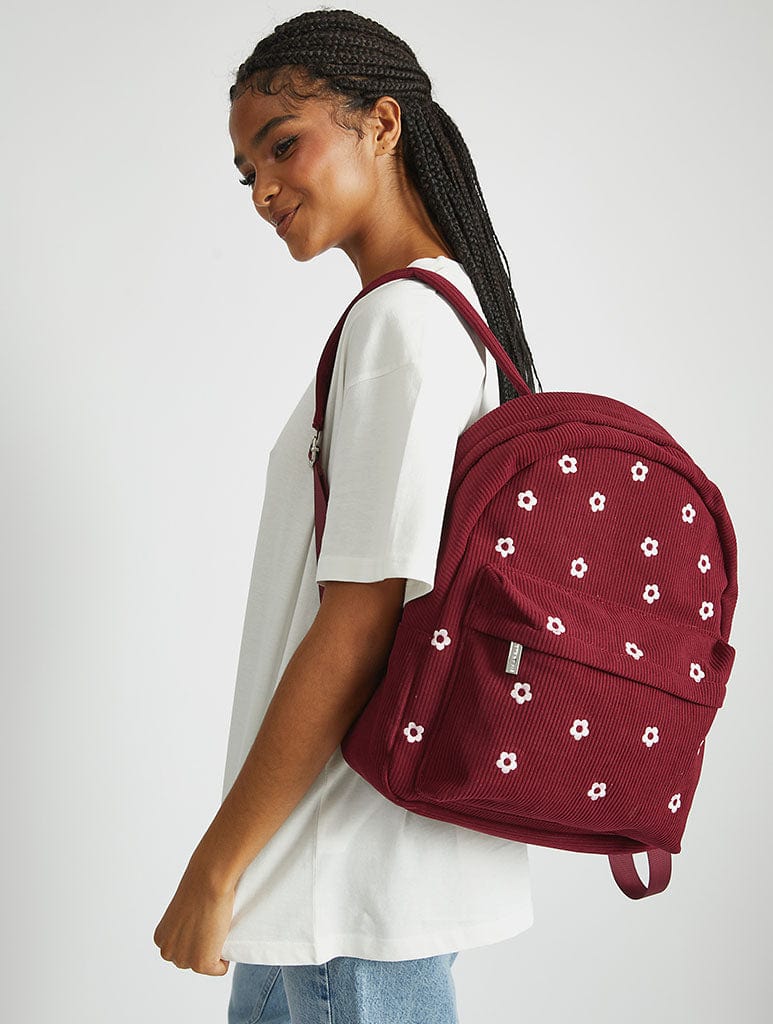 Burgandy Ditsy Flower Embroidered Backpack - Image 1