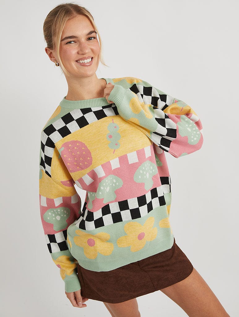Checkerboard Strawberry and Olive Knitted Jumper - Image 1