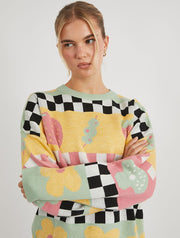 Checkerboard Strawberry and Olive Knitted Jumper