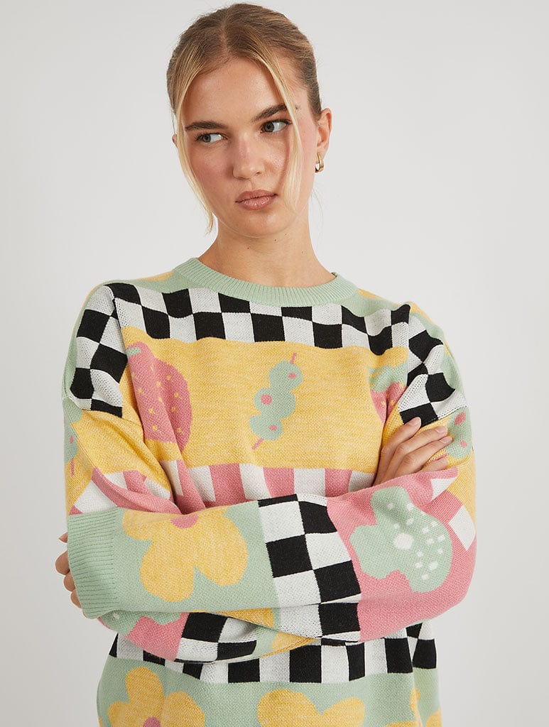 Checkerboard Strawberry and Olive Knitted Jumper