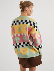 Checkerboard Strawberry and Olive Knitted Jumper