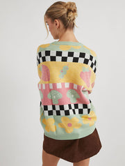 Checkerboard Strawberry and Olive Knitted Jumper