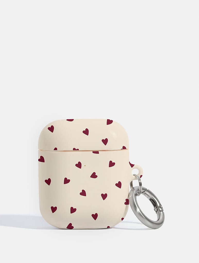 Cream and Burgundy Ditsy Hearts AirPods Case - Image 1