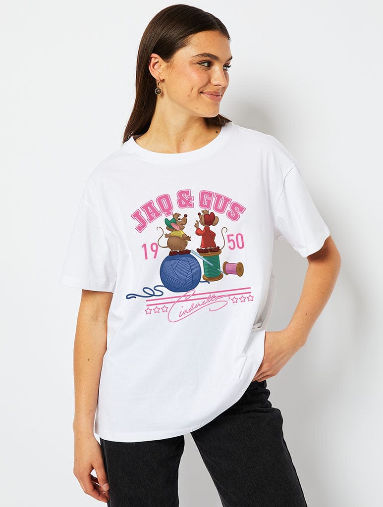Disney Jaq & Gus Varsity T-Shirt in White - Image 1