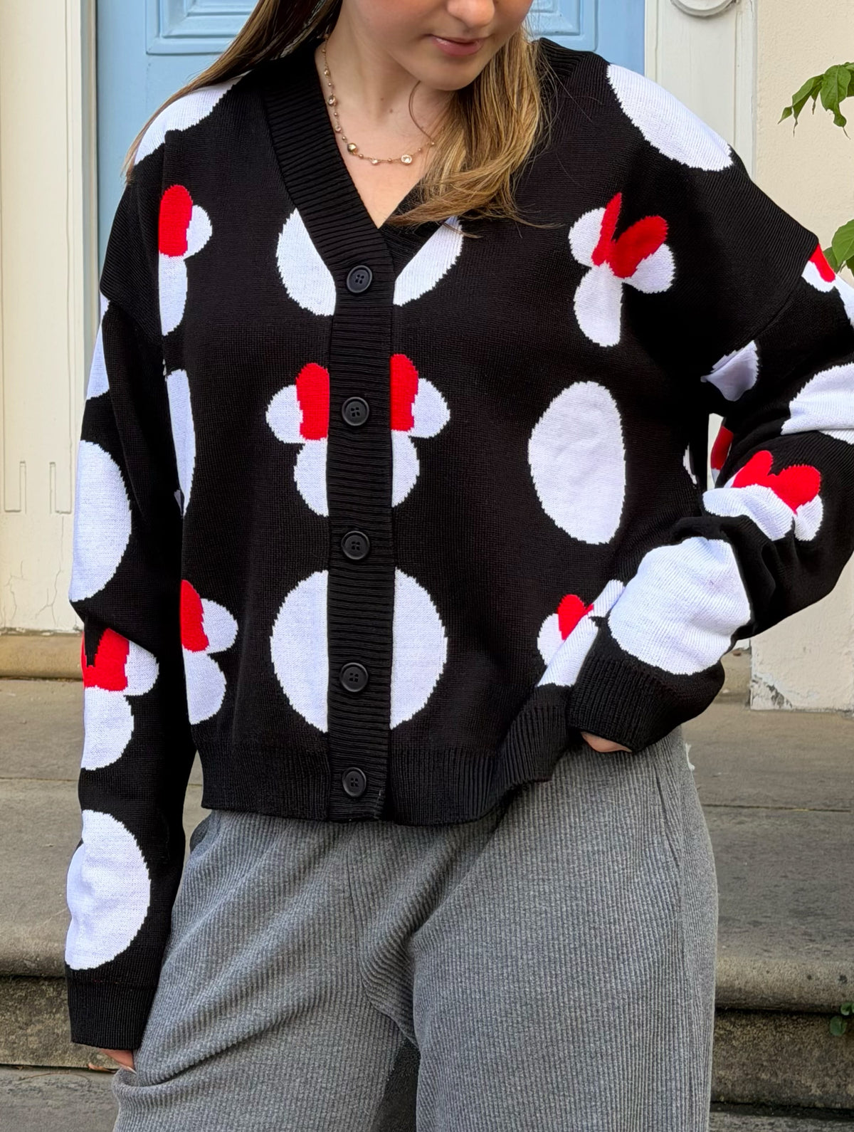 Disney Minnie Mouse Head Polka Dot Knitted Cardigan in Black - Image 2