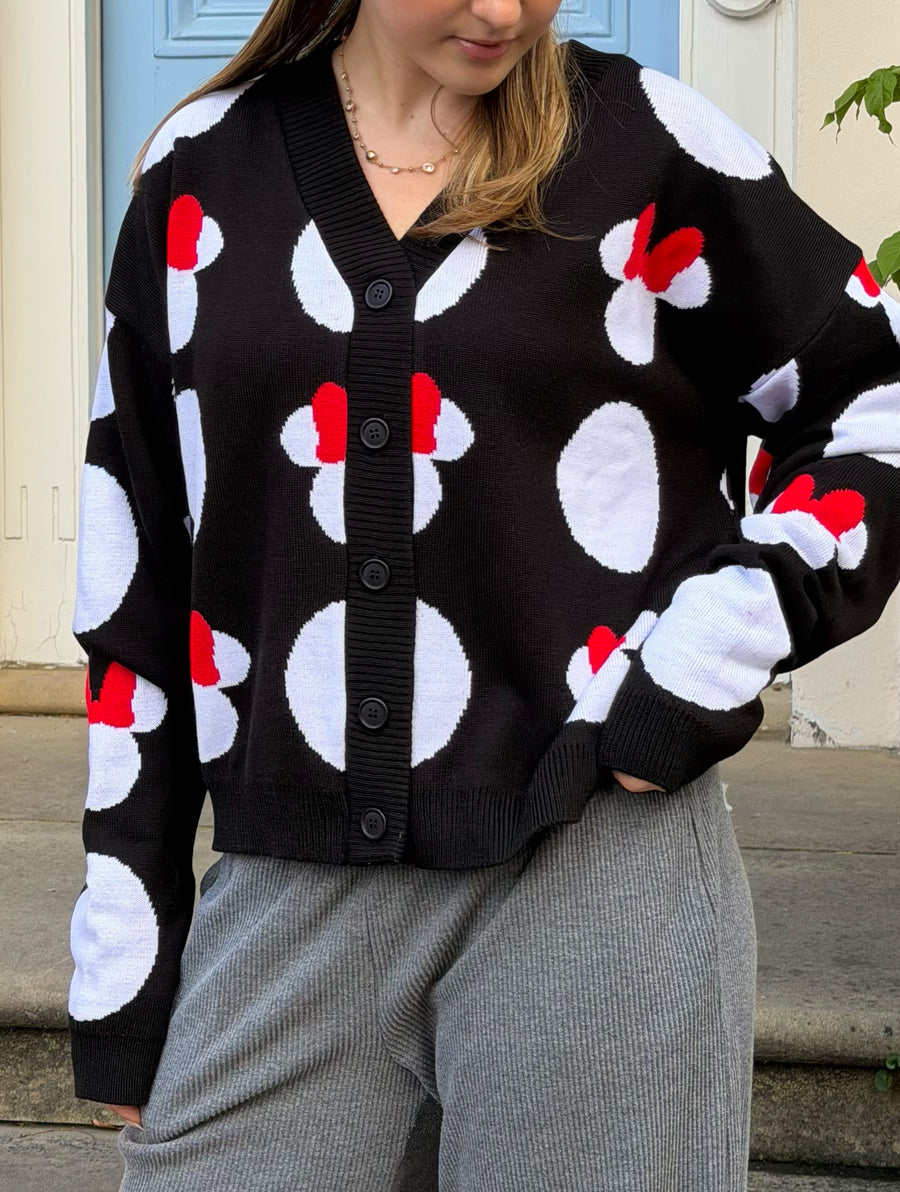 Disney Minnie Mouse Head Polka Dot Knitted Cardigan in Black