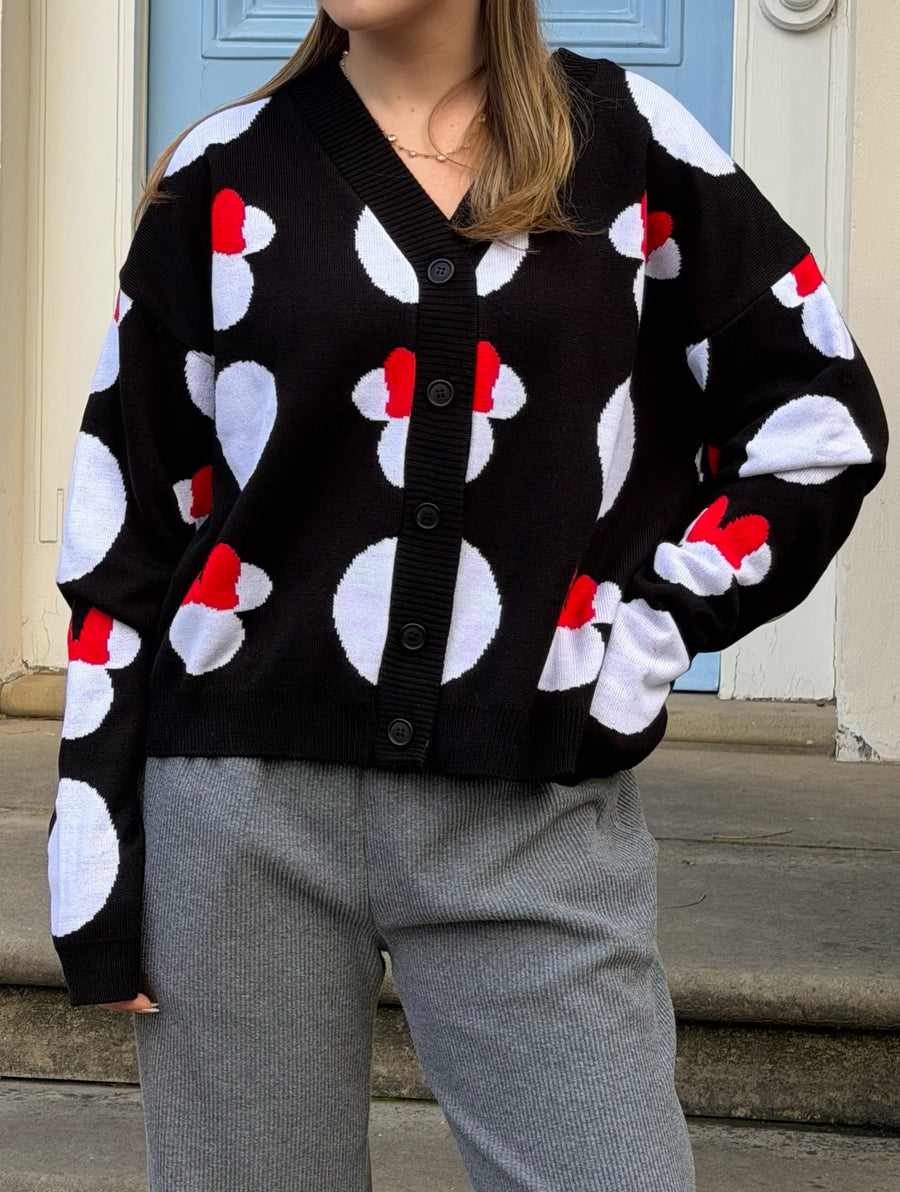 Disney Minnie Mouse Head Polka Dot Knitted Cardigan in Black - Image 1