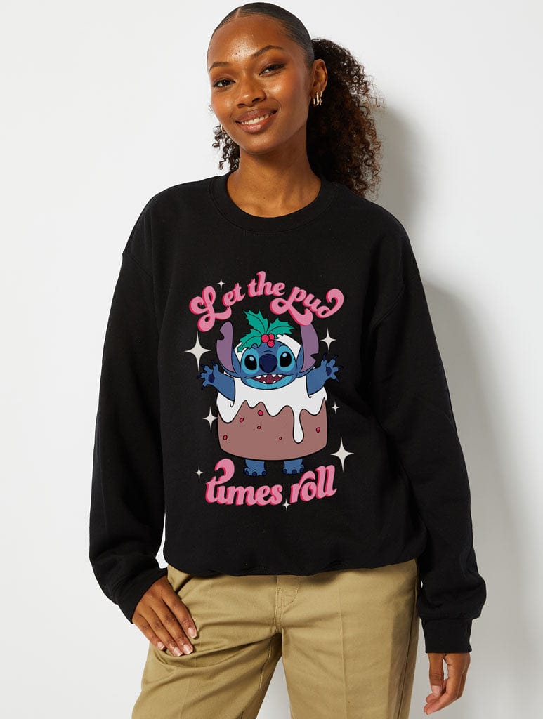 Disney Stitch Christmas Pudding Sweatshirt in Black - Image 1