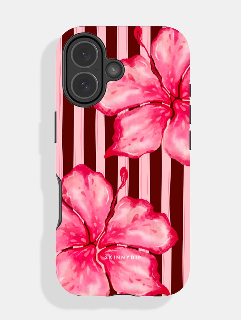 Floral Stripe Pink and Brown Ultra Protective iPhone Case - Image 1