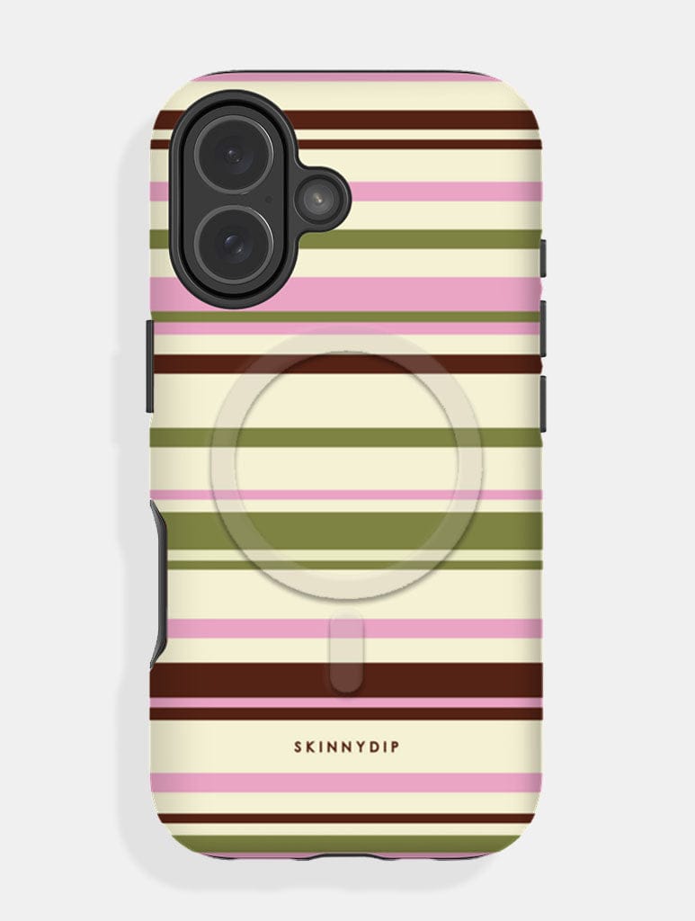 Horizontal Stripes Pink Green Brown Magsafe Ultra Protective iPhone Case - Image 1