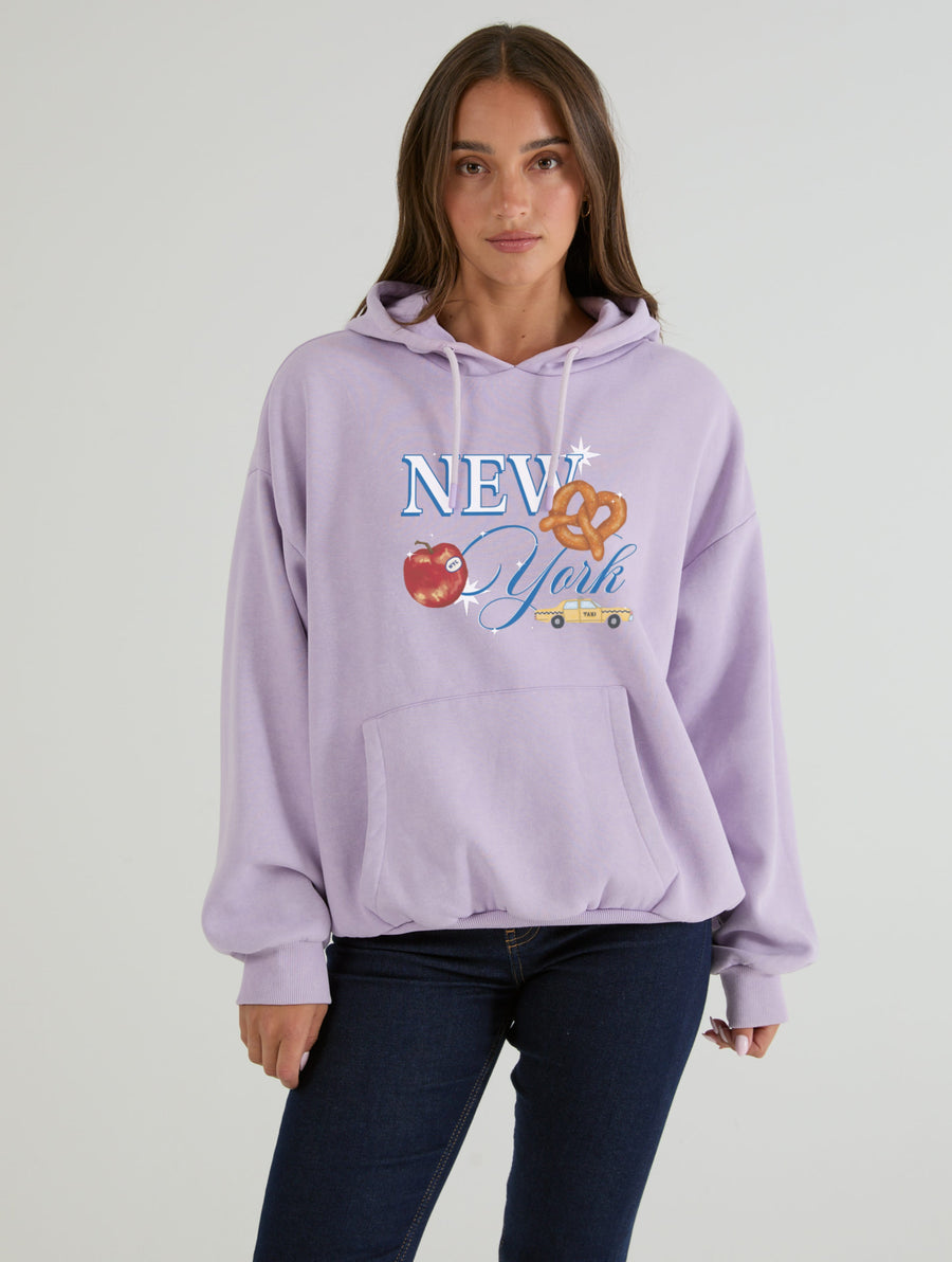 New York Poster Hoodie In Lilac Acid Wash - Image 1