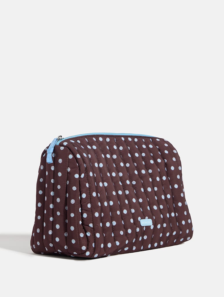 Polka Dot Extra Large Quilted Pouch in Brown and Blue - Image 2