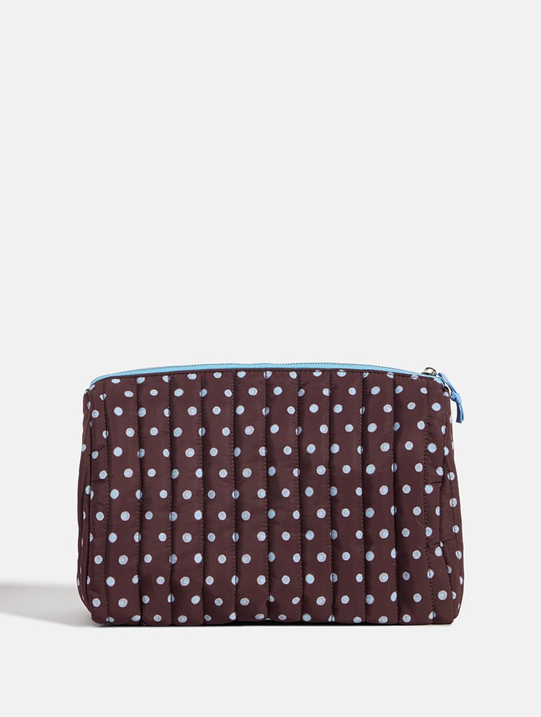 Polka Dot Extra Large Quilted Pouch in Brown and Blue - Image 6