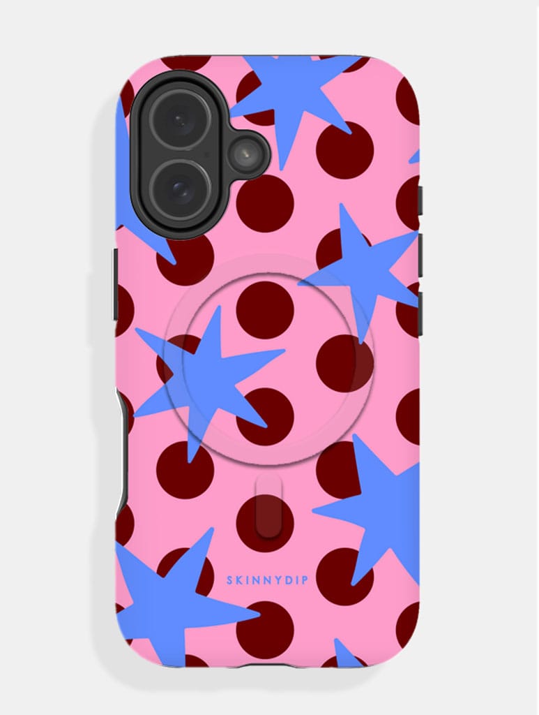 Stars and Spots Pink Burgundy and Blue MagSafe Ultra Protective iPhone Case - Image 1