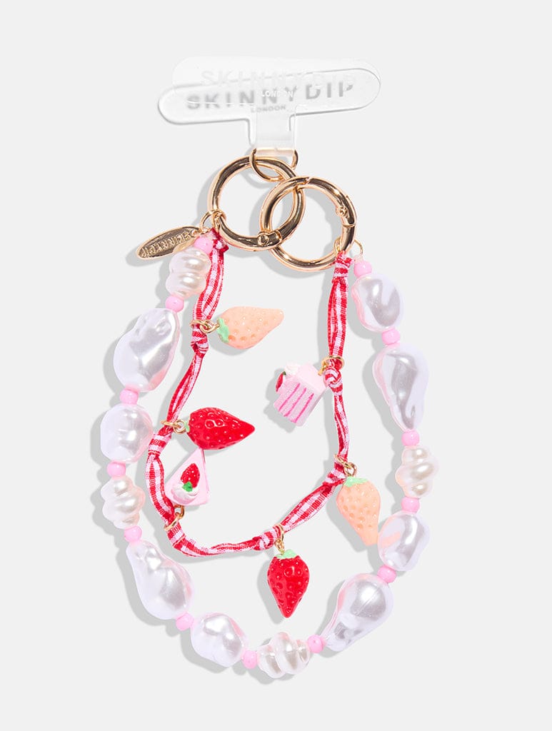 Strawberry Gingham Pearl Beaded Phone Charm - Image 1