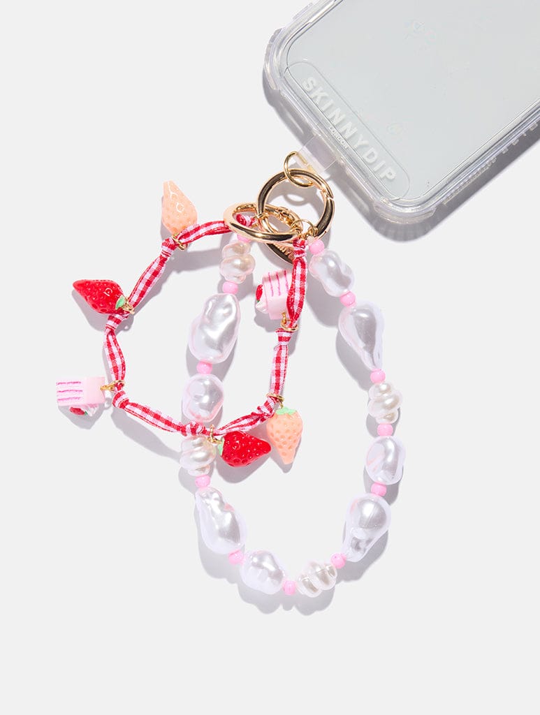 Strawberry Gingham Pearl Beaded Phone Charm
