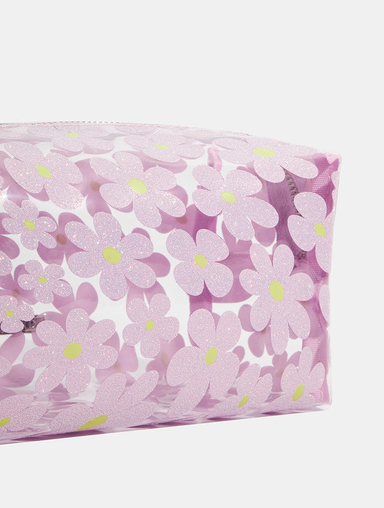 Warped Lilac Glitter Flower Makeup Bag